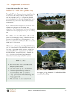 Pine Mountain RV Park campground guide page from the Smoky Mountain Adventure RV travel guide