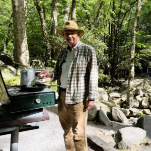 Cooking breakfast beside the mountain stream at Chimneys Picnic Area