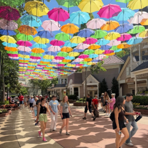 Colorful umbrellas suspended above a walkway at Dollywood